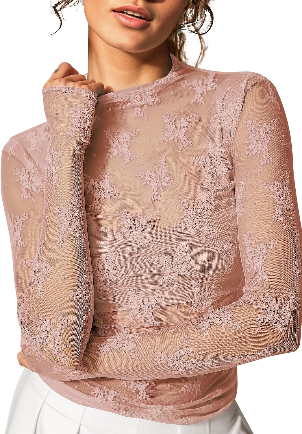 Womens Mesh Long Sleeve Top Sheer Blouse Sexy See Through Tee Shirt Lace Tops S-XXL | Amazon (US)