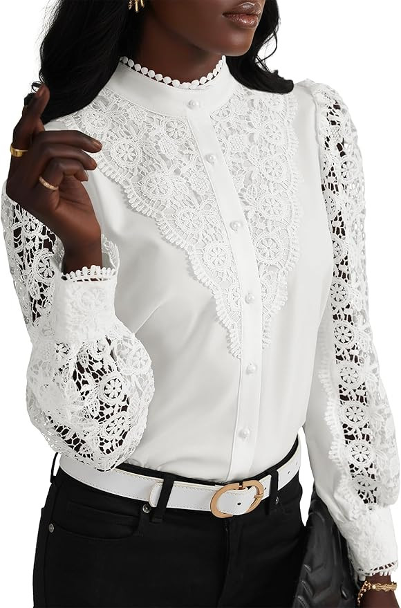 Rooscier Women's Lace Crochet Mock Neck Long Sleeve Button Elegant Blouse Shirt Top | Amazon (US)