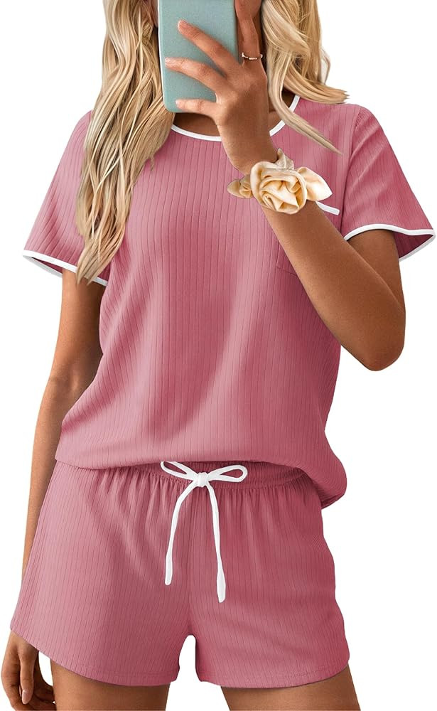 Ekouaer Womens Pajama Set Ribbed Knit Soft Shorts Pjs Summer Sleepwear Two Piece Casual Lounge Se... | Amazon (US)