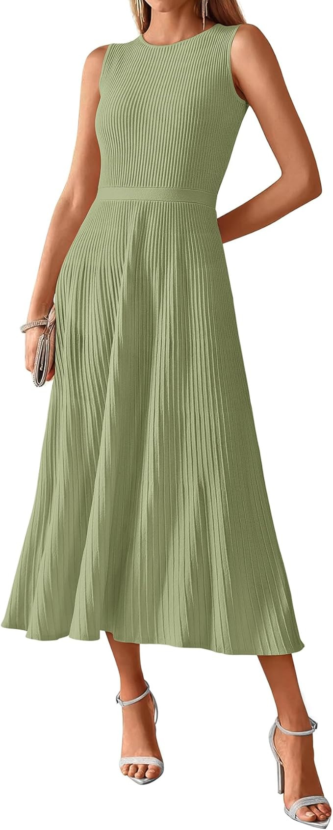 BTFBM Women's Midi Bodycon Tank Dress Summer Crewneck Rib Knit Sleeveless Pleated Swing A Line Bu... | Amazon (US)