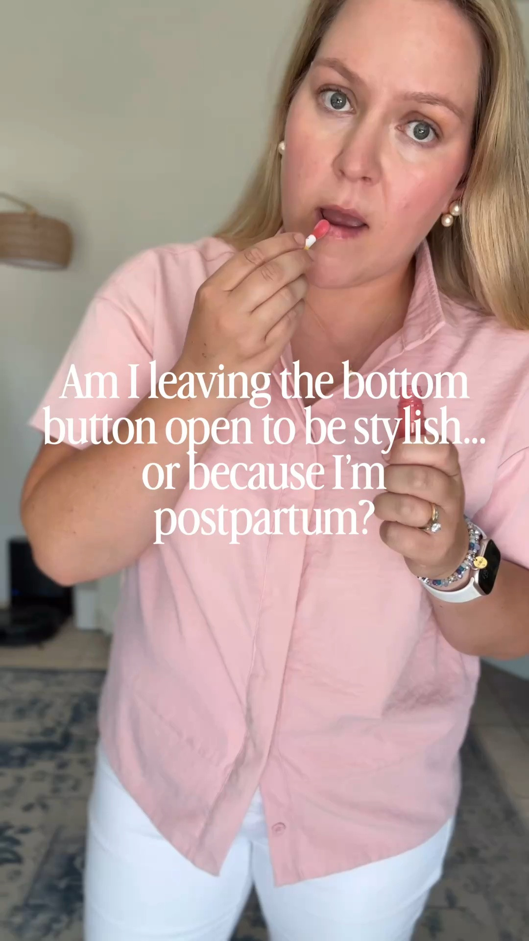 Turns out “effortlessly undone” wasn’t a style choice, it was just what fit (literally).

Today’s outfit is my favorite white jeans and a petal pink top with one very intentional-looking open button that’s actually just comfort in disguise. I’d say right now my postpartum style is comfort dressed up as intention.

🏷️ Postpartum style, postpartum fashion, postpartum outfit ideas, comfortable postpartum outfits, preppy mom style, classic style mom, white jeans outfit, button down shirt outfit, postpartum confidence, real mom content, relatable mom content, new mom style