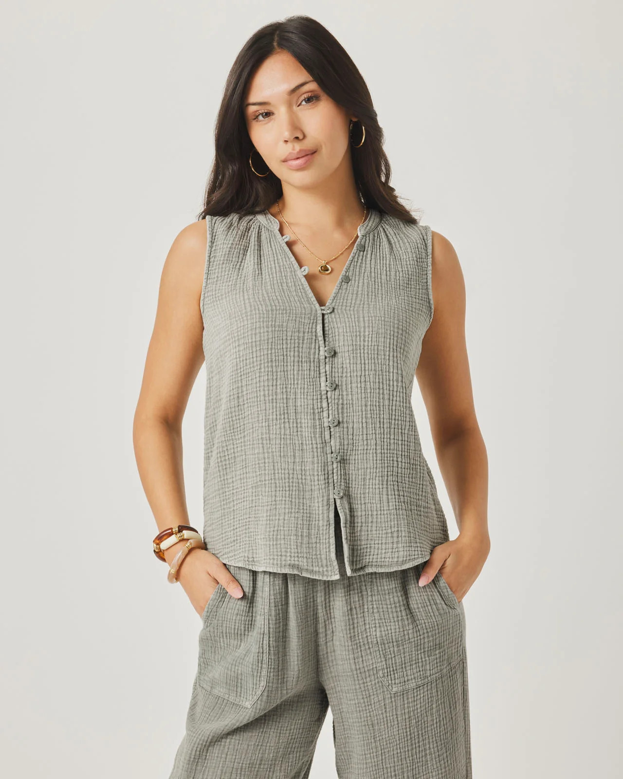 Splendid - Ava Gauze Button Tank - White | Splendid