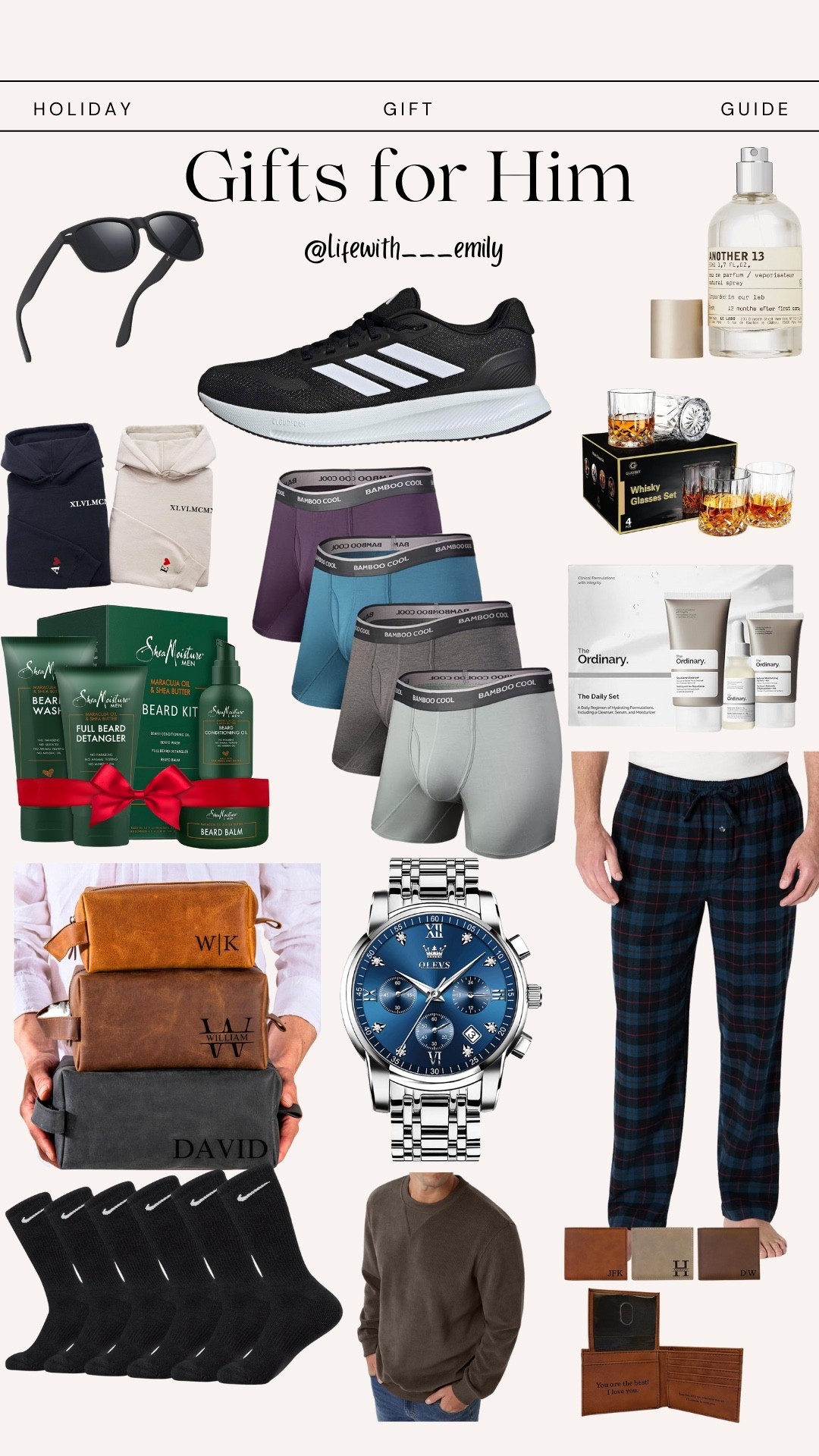 Gift Guide, Gift Ideas, Men’s Gift Ideas, Gifts for Him, The ordinary skincare gift set, running sneakers, adidas sneakers, men’s sleep pants, monogrammed sweatshirts, men’s boxer briefs, men’s watches, whiskey glass set, Le Labo cologne, men’s cologne, men’s sunglasses, men’s beard care gift set, men’s wallet, men’s travel bag, men’s crewneck sweaters, men’s socks, adidas socks.

#LTKHoliday #LTKCyberWeek #LTKGiftGuide