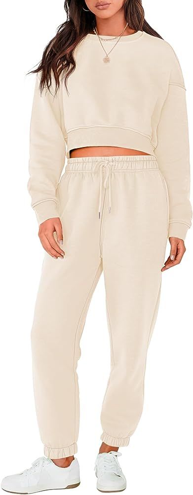 ANRABESS Women's Two Piece Outfits Long Sleeve Crew Neck Crop Sweatsuit with Jogger Pants Lounge ... | Amazon (US)
