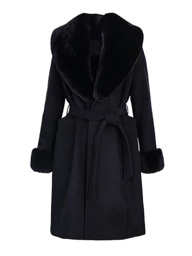 Pallivare Women Fur Trench Coat Elegant Jacket Warm Long Fall Winter Overcoat With Fur Collar & Belt LG116 Black XL | Amazon (US)