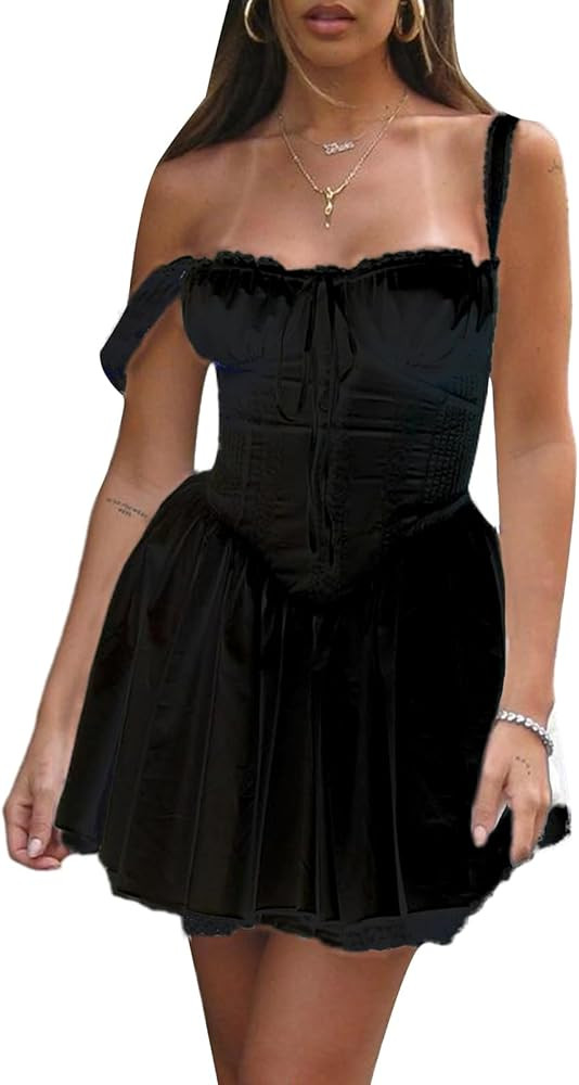 Women's Square Neck Spaghetti Strap Lace Dress Corset Top A-Line Flare Dresses Party Club Cocktai... | Amazon (US)