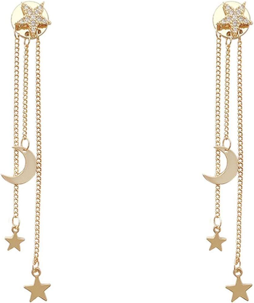 Asymmetrical Star Moon Tassel Drop Dangle Earrings for Women Teen Girls Dainty Long Lucky Star Cr... | Amazon (US)