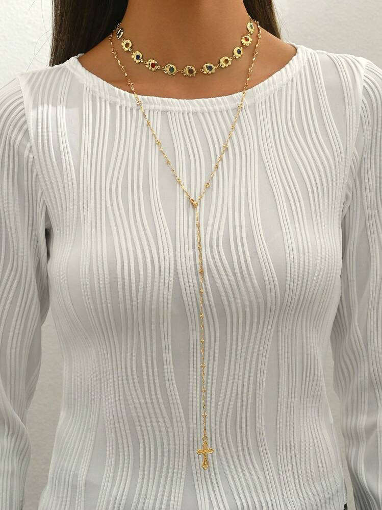 2pcs/Set Handmade Elephant Shape Chain Necklace, Fashion Minimalist Cross Pendant For Women, Colorful Rhinestone, Long Necklace Suitable For Daily Wear And Photo Shooting, Random Elephant Quantity And Color Combination | SHEIN