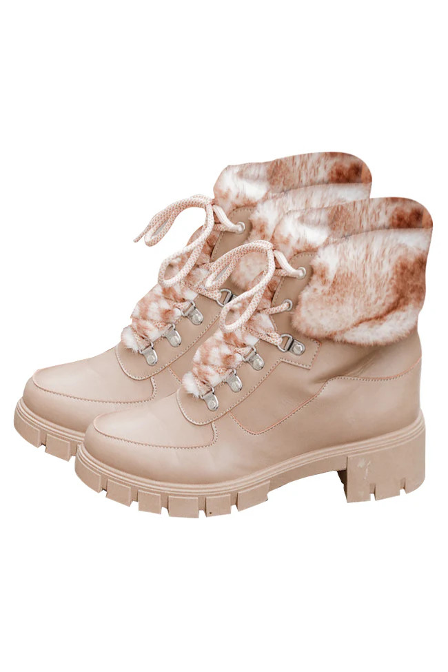 Lizzie Nude Fur Detail Combat Boot | Pink Lily