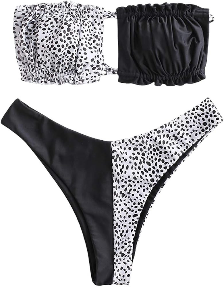 ZAFUL Women's Strapless Ribbed Tie Back Ruffle Cutout Bandeau Bikini Set Swimsuit | Amazon (US)