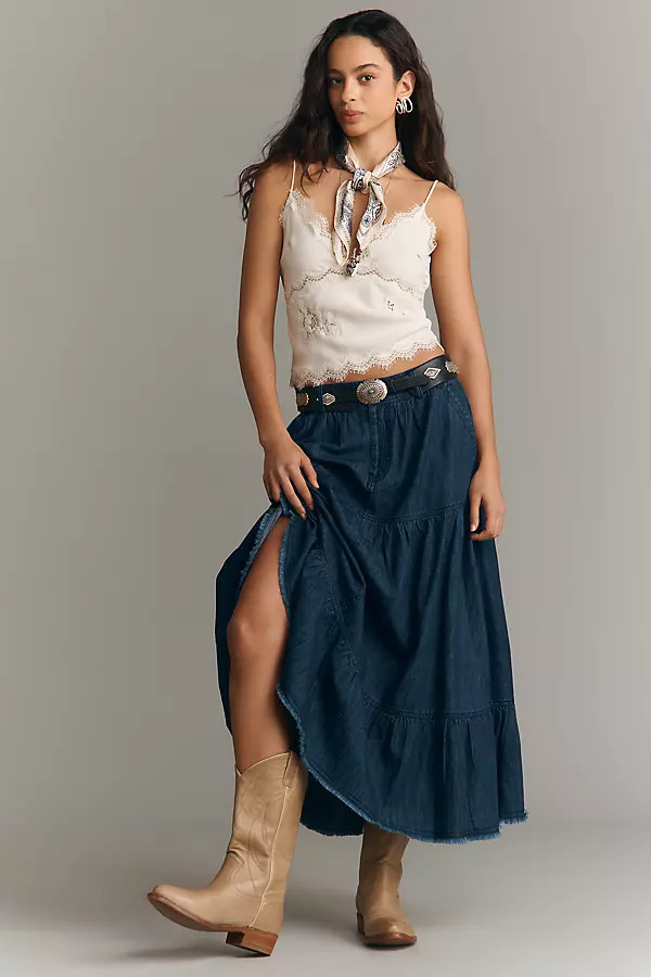 100% Cotton Tiered Denim Maxi Skirt | Anthropologie (US)
