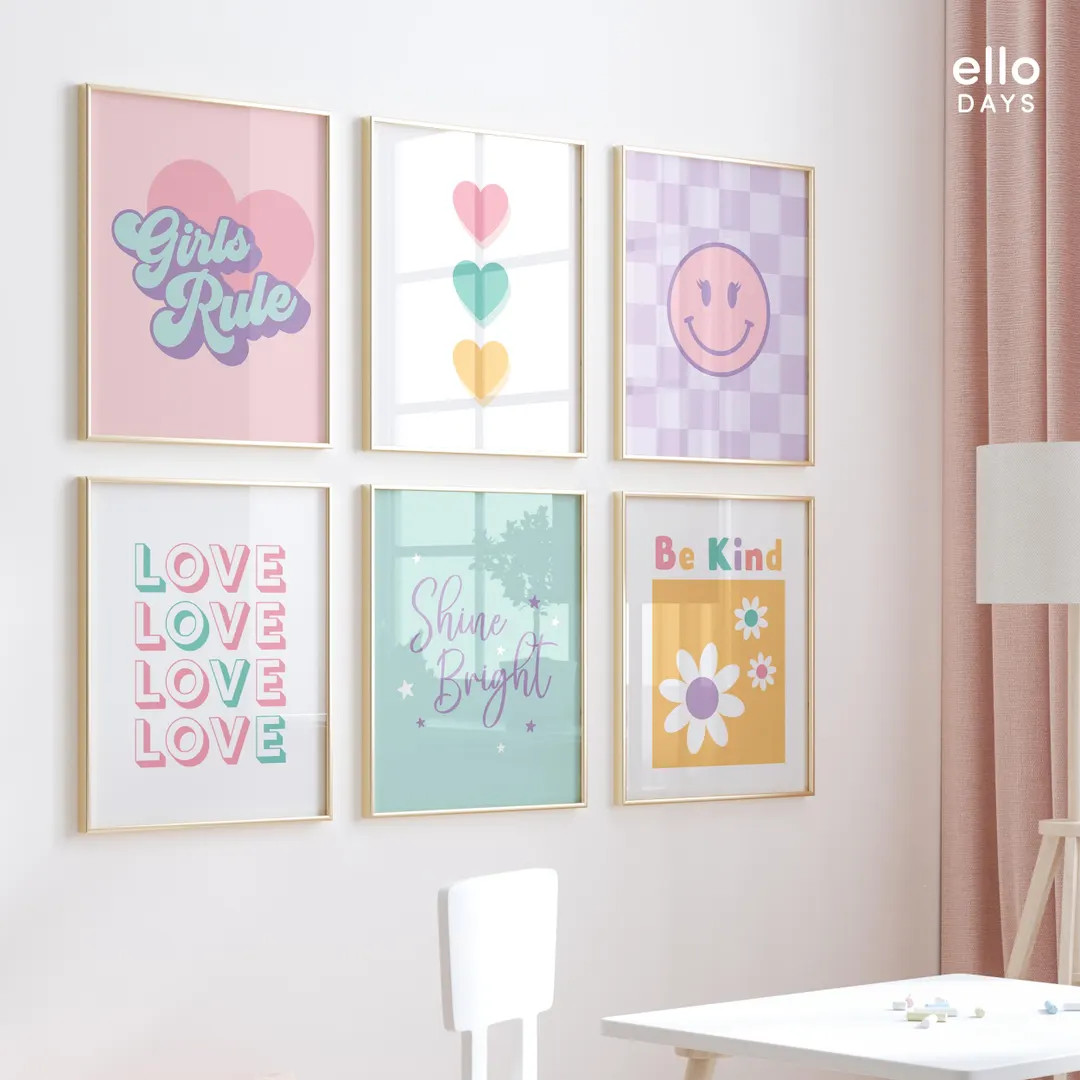 Girl Room Decor Posters Gallery Wall Set of 6, Girl Playroom Prints, Teen Girl Wall Decor, Pink G... | Etsy (US)
