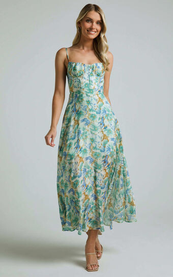 Elenita Midi Dress - Cup Bust Sleeveless Slit Dress in Green Floral | Showpo (US, UK & Europe)