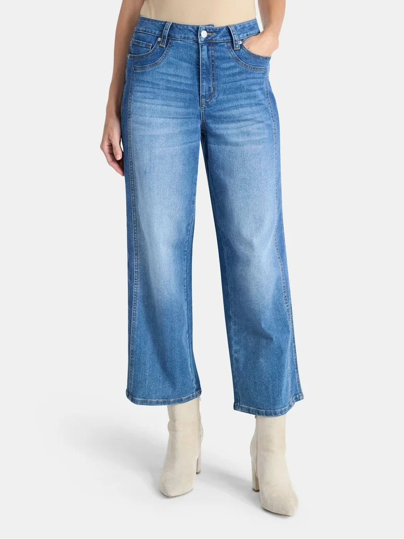 Time and Tru Women's High Rise Wide Leg Cropped Jeans with Side Seam Details, 27" Inseam, Sizes 0... | Walmart (US)
