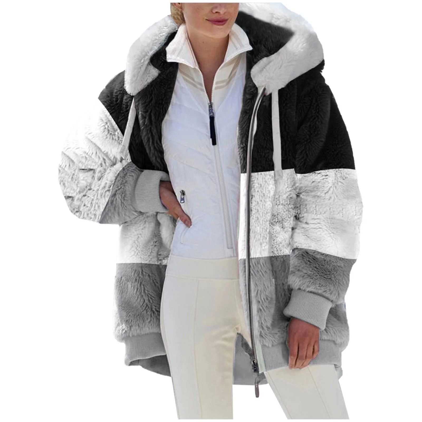 HTNBO Outerwear Long Sleeve Coat for Women Casual Fall Winter Zip up Jackets Fleece Gray | Walmart (US)