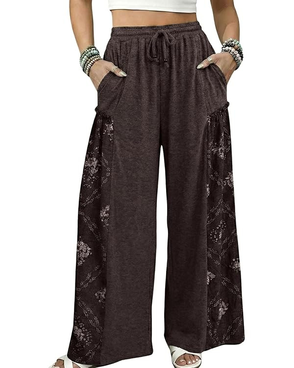 Athlisan Womens Wide Leg Pants High Waisted Lounge Palazzo Printed Baggy Trousers with Pockets | Amazon (US)