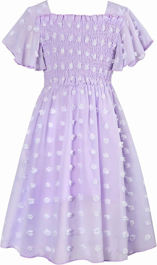 6-12T Girls Chiffon Dress with Solid Pom Poms & Flutter Ruffle Short Sleeve Kids Lace Square Neck... | Amazon (US)