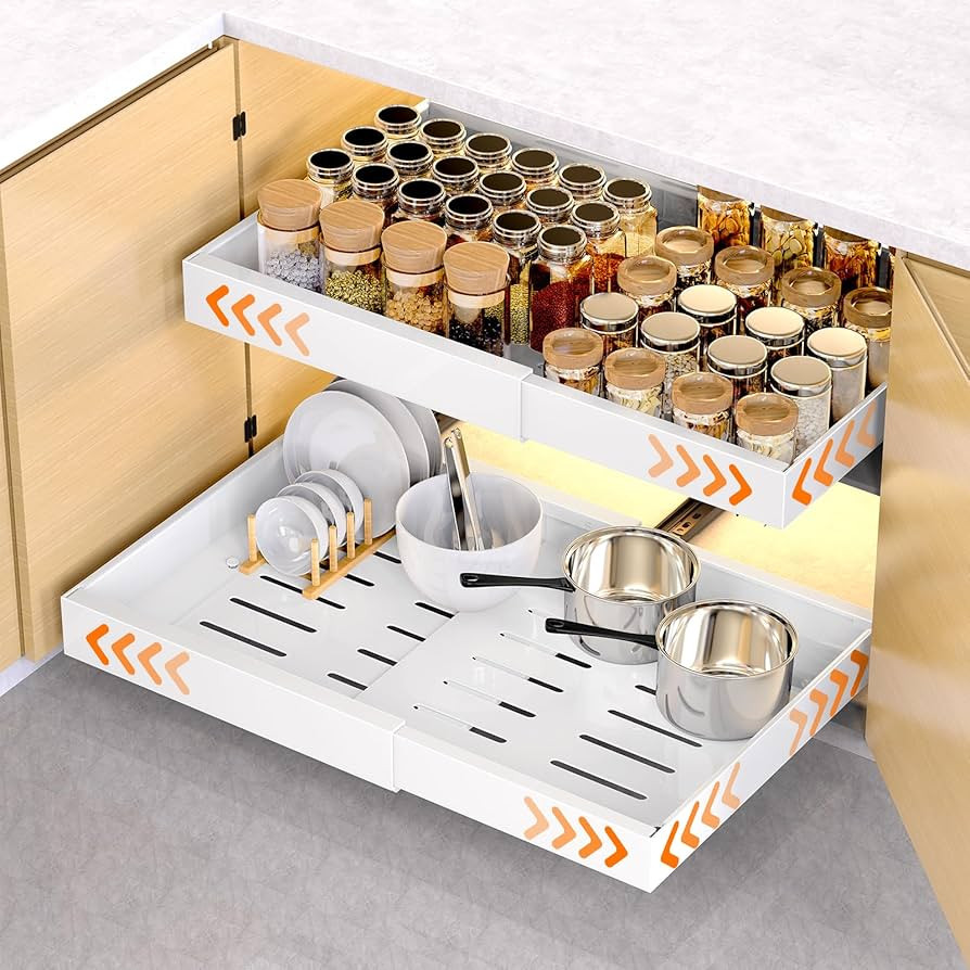 Pull Out Cabinet Organizer(12.6"-20.5" W), Expandable Pull Out Drawer for Kitchen Cabinets, Adhes... | Amazon (US)
