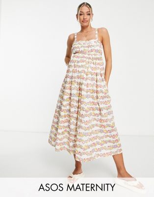 ASOS DESIGN Maternity strappy midi skater sundress in floral stripe | ASOS (Global)