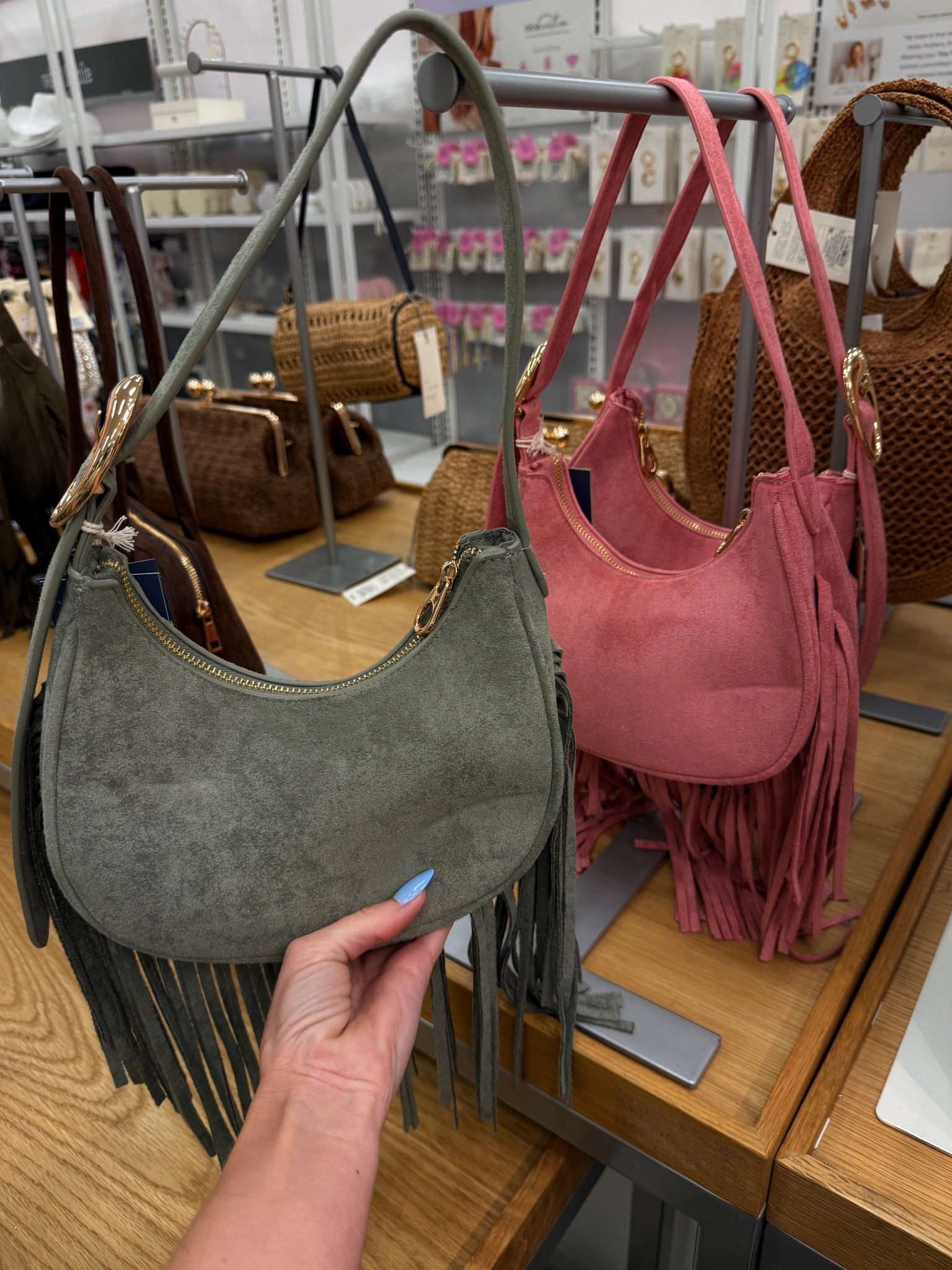 Western Faux Suede Fringe Shoulder Bag Purse - Universal Thread™ Green and Pink

• Universal Thread Western shoulder bag
• Faux-suede polyester fabric
• Allover fringe
• Adjustable shoulder strap with buckle
• Spacious main zippered compartment
• Interior zip pocket

#LTKSeasonal #LTKFestival