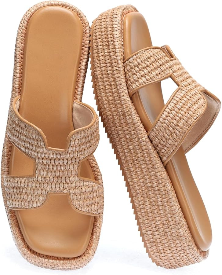 Amazon.com | Monrovia Raffia Platform Sandals for Women Low Platform Slip On Open Toe Summer Vaca... | Amazon (US)