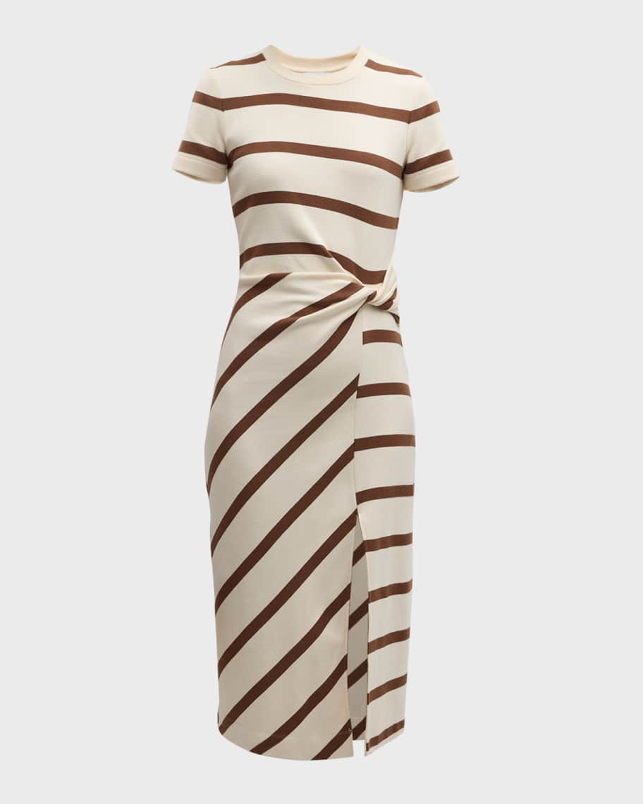 Tanya Taylor Cody Twisted-Waist Short-Sleeve Striped Midi Dress | Neiman Marcus