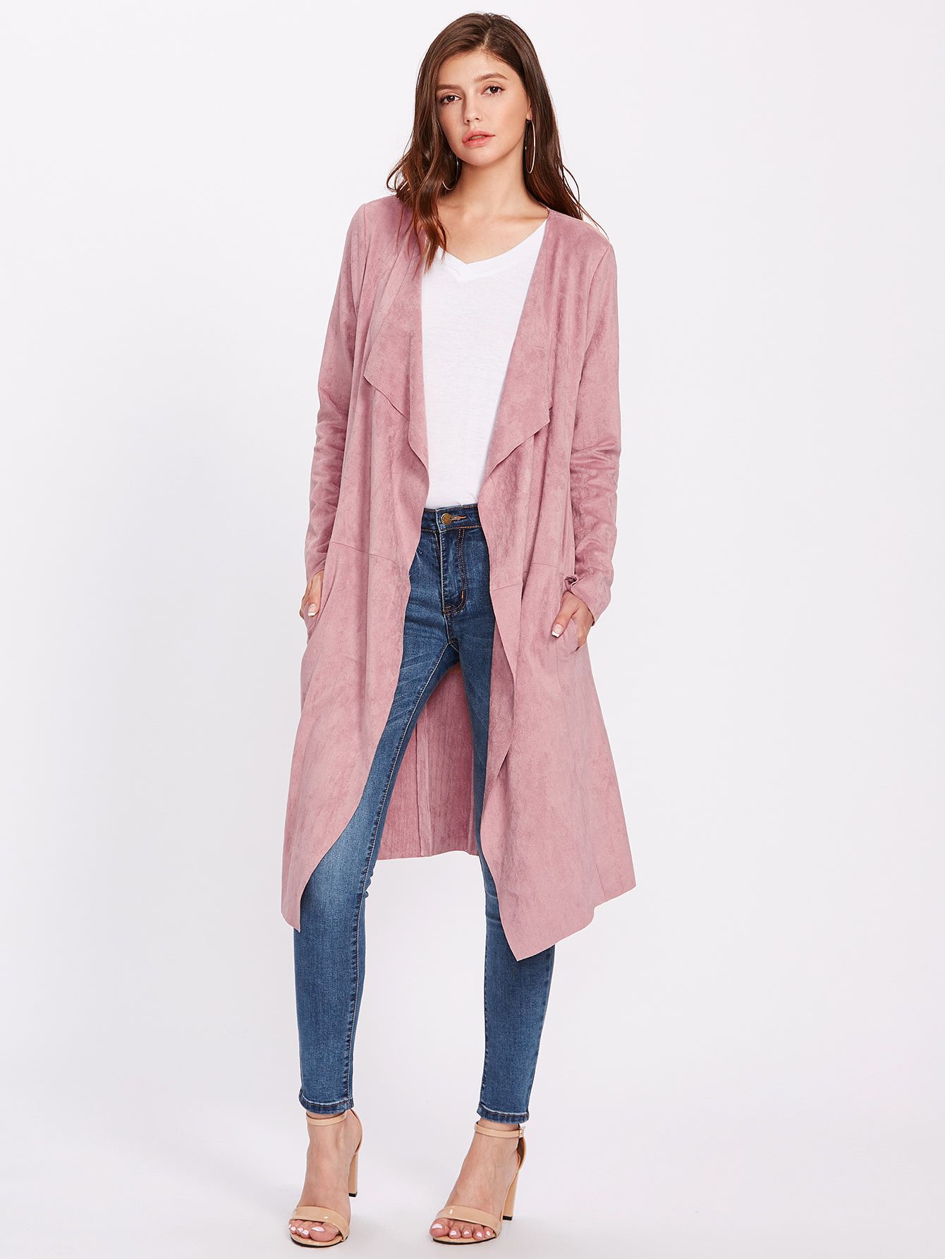 Waterfall Collar Suede Duster Coat | SHEIN