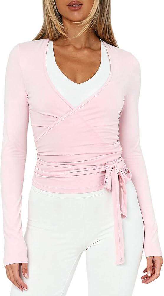 Yoga Wrap Tops for Women Y2k Long Sleeve Self Tie Workout Ballet Dance Top Cute Pilates Cover Up ... | Amazon (US)