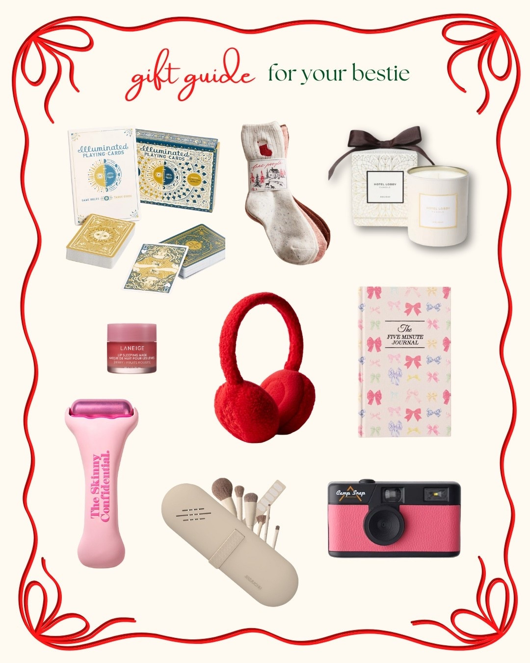 No-fail gift ideas for your bestie that are under $100! I love my ice roller but if I were getting a gift I’d upgrade to this nice model. Hotel Lobby Candle is always a great gift, check out the holiday scent! I also think cute gifts like a camera or the five minute journal are great for making memories. Cozy winter accessories like these cute socks from Free People or red earmuffs are a great stocking stuffer. Plus when in doubt, the Laneige lip sleeping mask is a great winter weather gift. 

#LTKFindsUnder100 #LTKHoliday #LTKGiftGuide