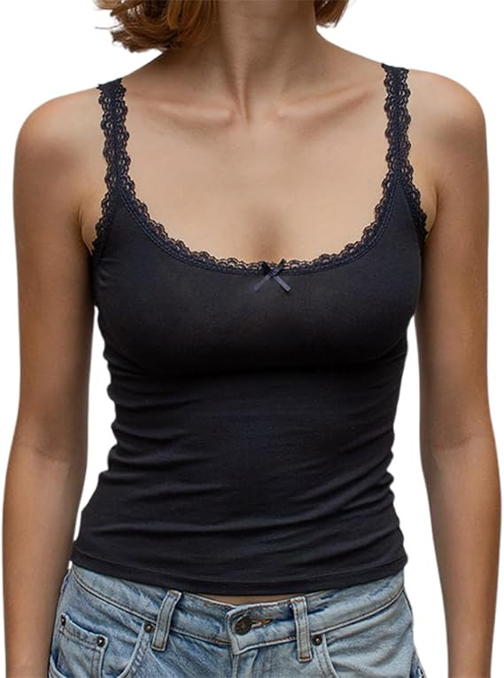 Women Y2K Spaghetti Strap Crop Tank Tops Sexy Backless Vest Top Lace Fairy Grunge Camisole Top St... | Amazon (US)