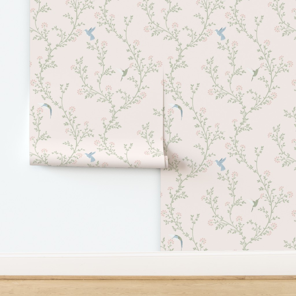 Wallpaper in JUMBO / Hummingbird Trellis / Flowers Leaves on Vines / Modern Vintage | Spoonflower