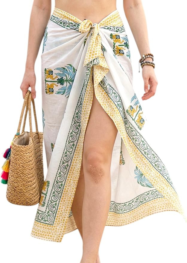 Swimsuit Coverup for Women - 100% Cotton Hand Block Sarong Wraps for Women Pareo Beach Cover Up S... | Amazon (US)