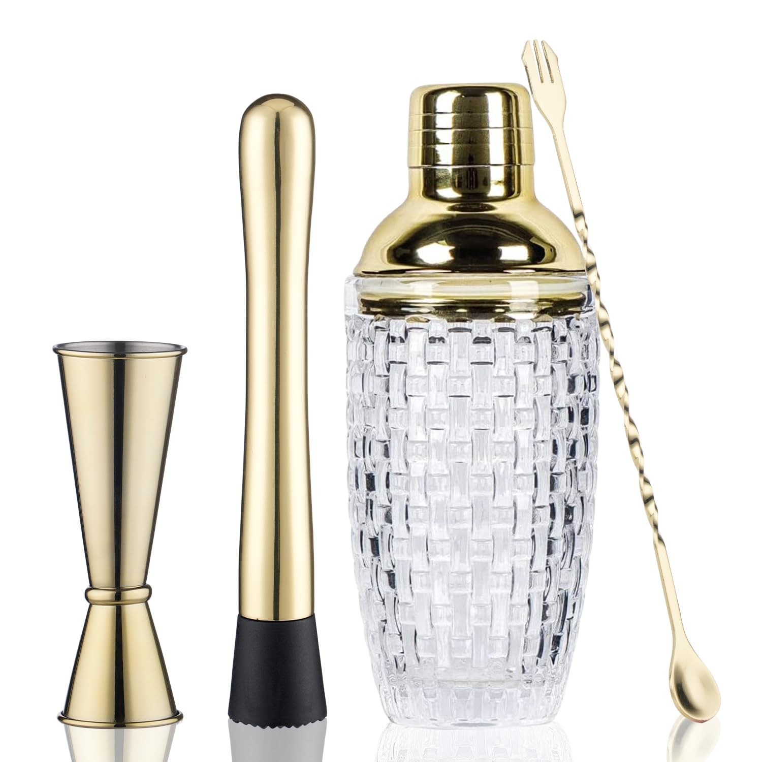Cocktail Shaker Set - Includes Measuring Jigger, Mixing Spoon and Muddler with 13oz Glass Martini Shaker Bottle Stainless Steel Bar Tools (Gold Set) | Amazon (US)
