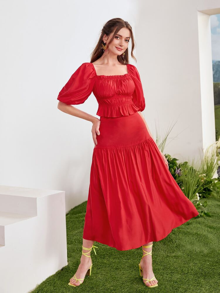 SHEIN Puff Sleeve Ruffle Trim Top & Skirt Set | SHEIN