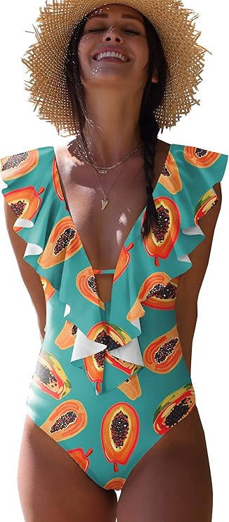 SPORLIKE Women One Piece Swimsuit V-Neck Ruffle Bathing Suit Padded Monokini | Amazon (US)