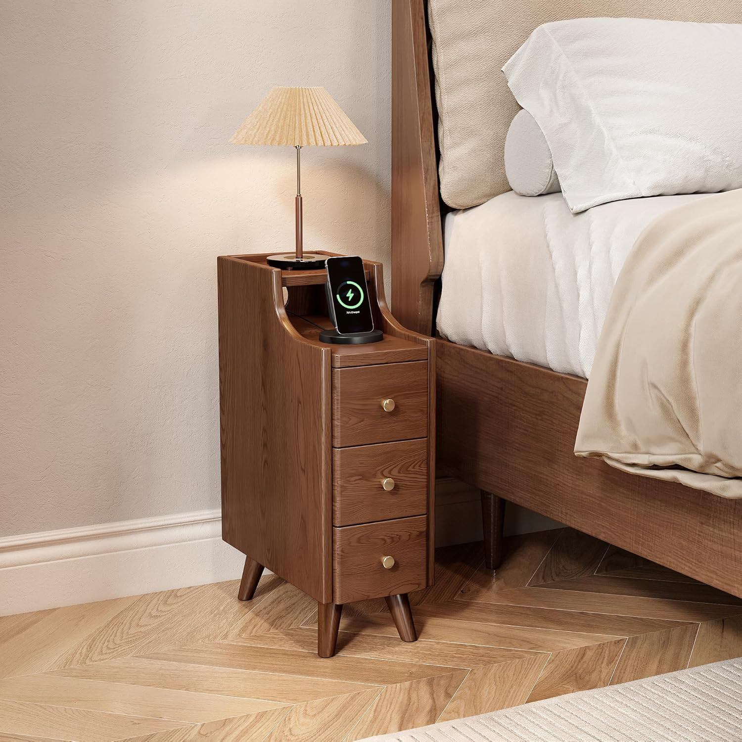Narrow Nightstand with Drawers, 7.9" Solid Wood Nightstand with Open Shelf & Cable Hole, Modern N... | Amazon (US)