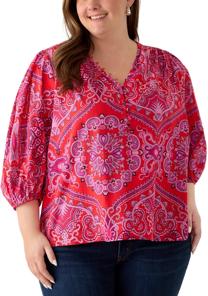 Plus Size Three-Quarter Sleeve Peasant Top | Belk