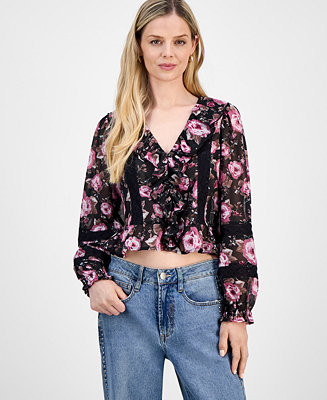 Petite Printed Long-Sleeve Ruffle Top, Macy's Exclusive | Macy's