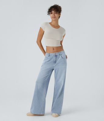 Women’s Halara Flex™ Low Rise Zipper Pockets Washed Baggy Wide Leg Casual Jeans - Halara | HALARA