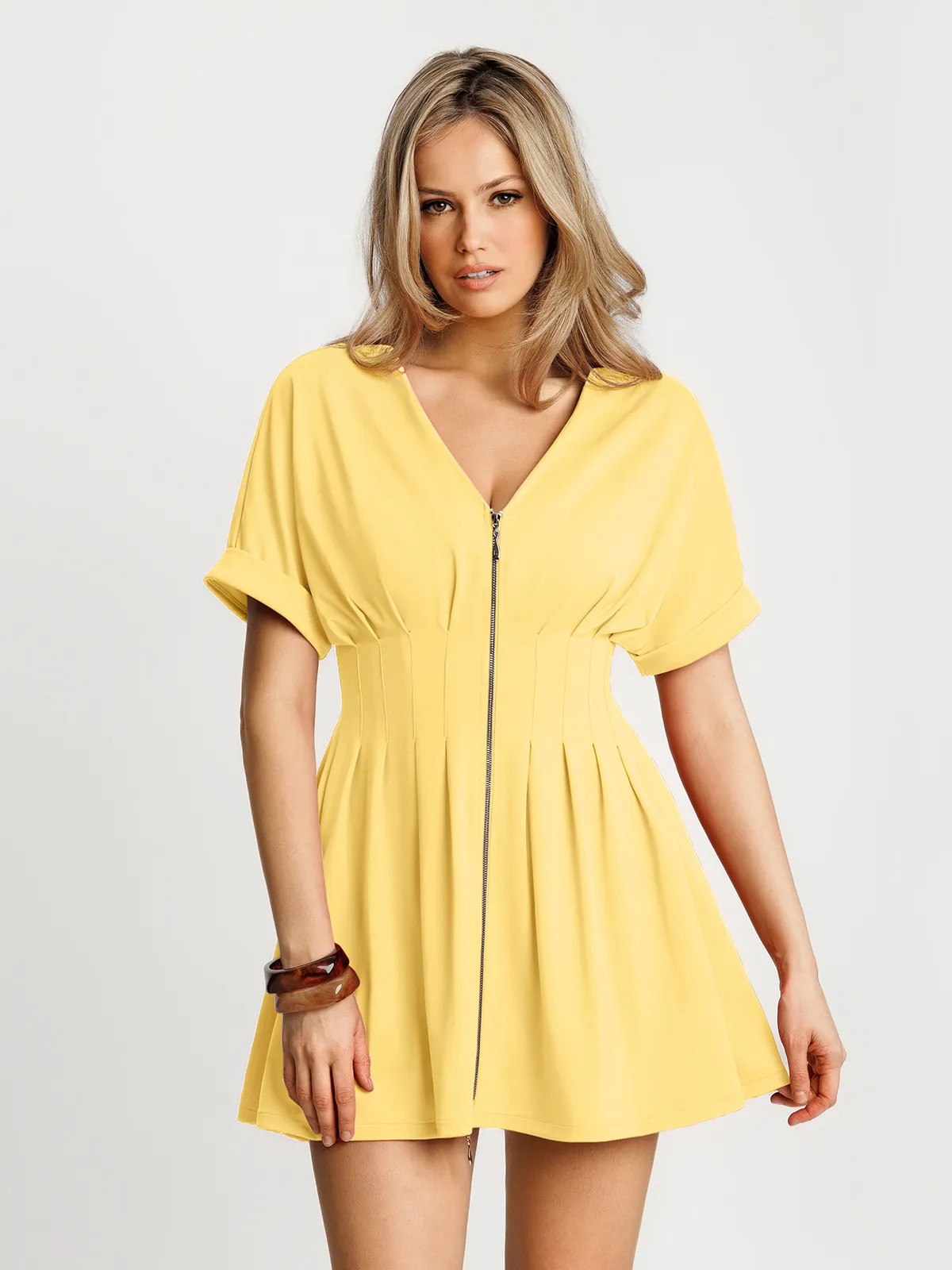 Deep V Zip Front Two-Piece Sculpting Mini Dress - Yellow / S | Popilush