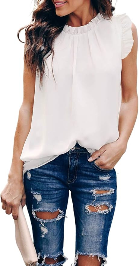 Diukia Women's Summer Cute Ruffle Tank Tops Flowy Chiffon Lined Sleeveless Shirts Blouses | Amazon (US)