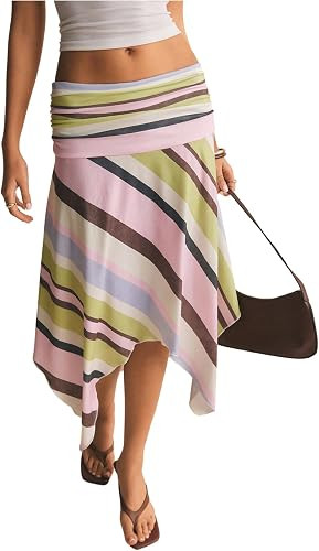 RoseSeek Women's Colorful Striped Skirts Ruched Low Rise Asymmetrical Hem Flowy Skirts Y2k Going ... | Amazon (US)