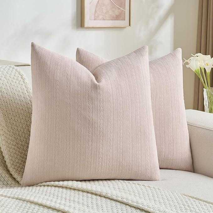 FUTEI Pink Decorative Throw Pillow Covers 18x18 Inch Set of 2,Soft Cozy Wheat Ear Striped Pattern... | Amazon (US)