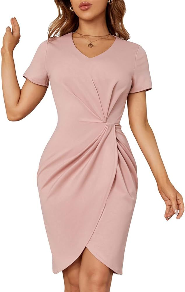 JASAMBAC Women's Long Sleeve V Neck Dress Waist Ruched Tulip Hem Split Mini Cocktail Work Bodycon... | Amazon (US)