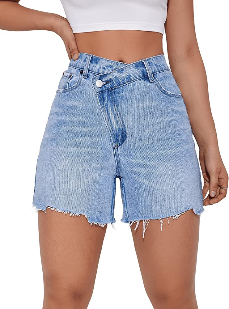 SweatyRocks Women's Asymmetrical High Waist Ripped Raw Hem Jean Shorts Distressed Denim Shorts Su... | Amazon (US)