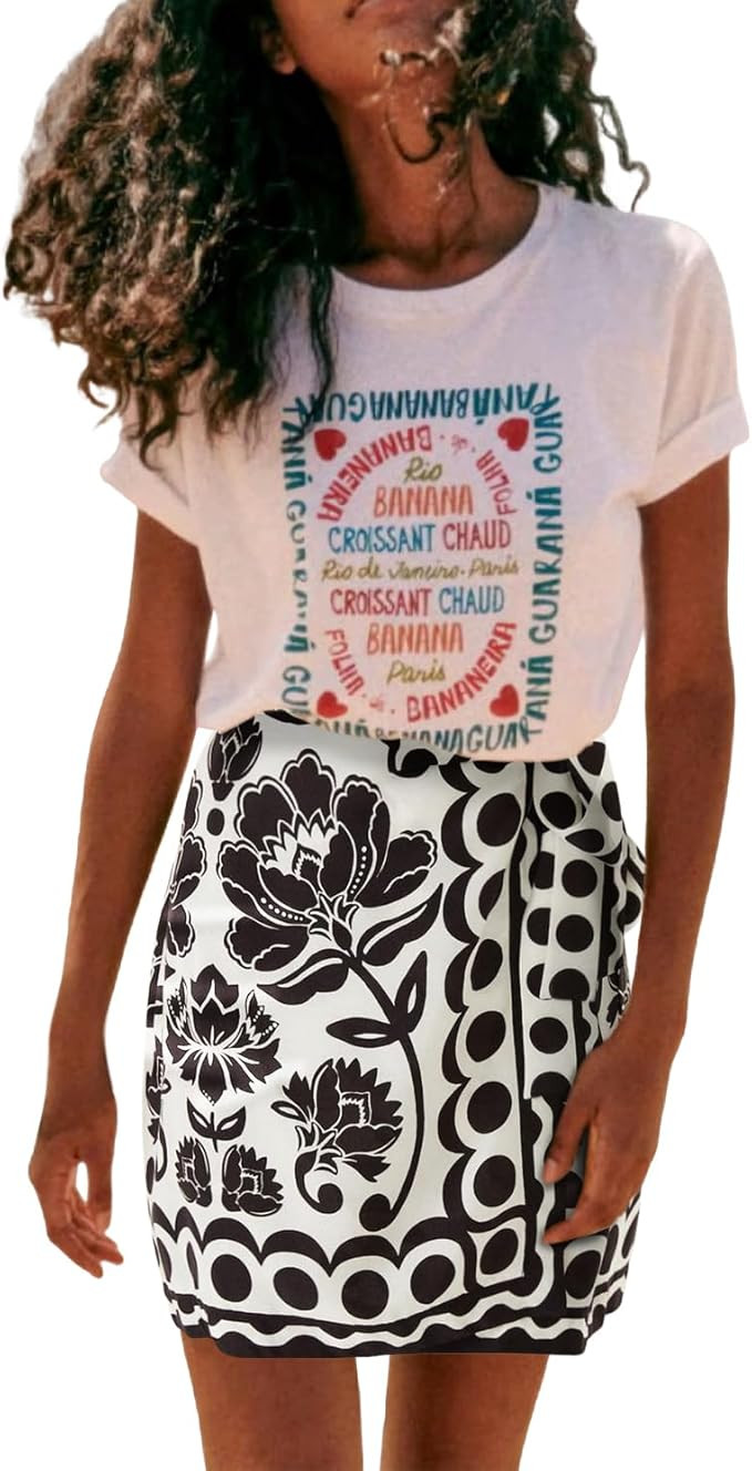 Womens Summer Floral Wrap Short Skirt Tie Side High Waist A Line Beach Vacation Boho Mini Skirt | Amazon (US)