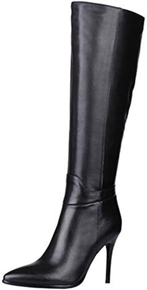 Dance&Style Women's Leather Boots Middle Thin Heels Shoes Zipper Knee High Boots | Amazon (US)