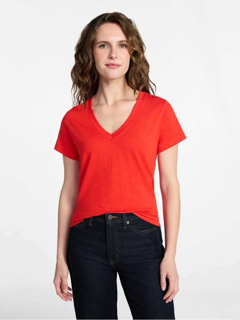 Time and Tru Women's Slub V Neck Tee with Short Sleeves, Sizes XS-XXXL | Walmart (US)