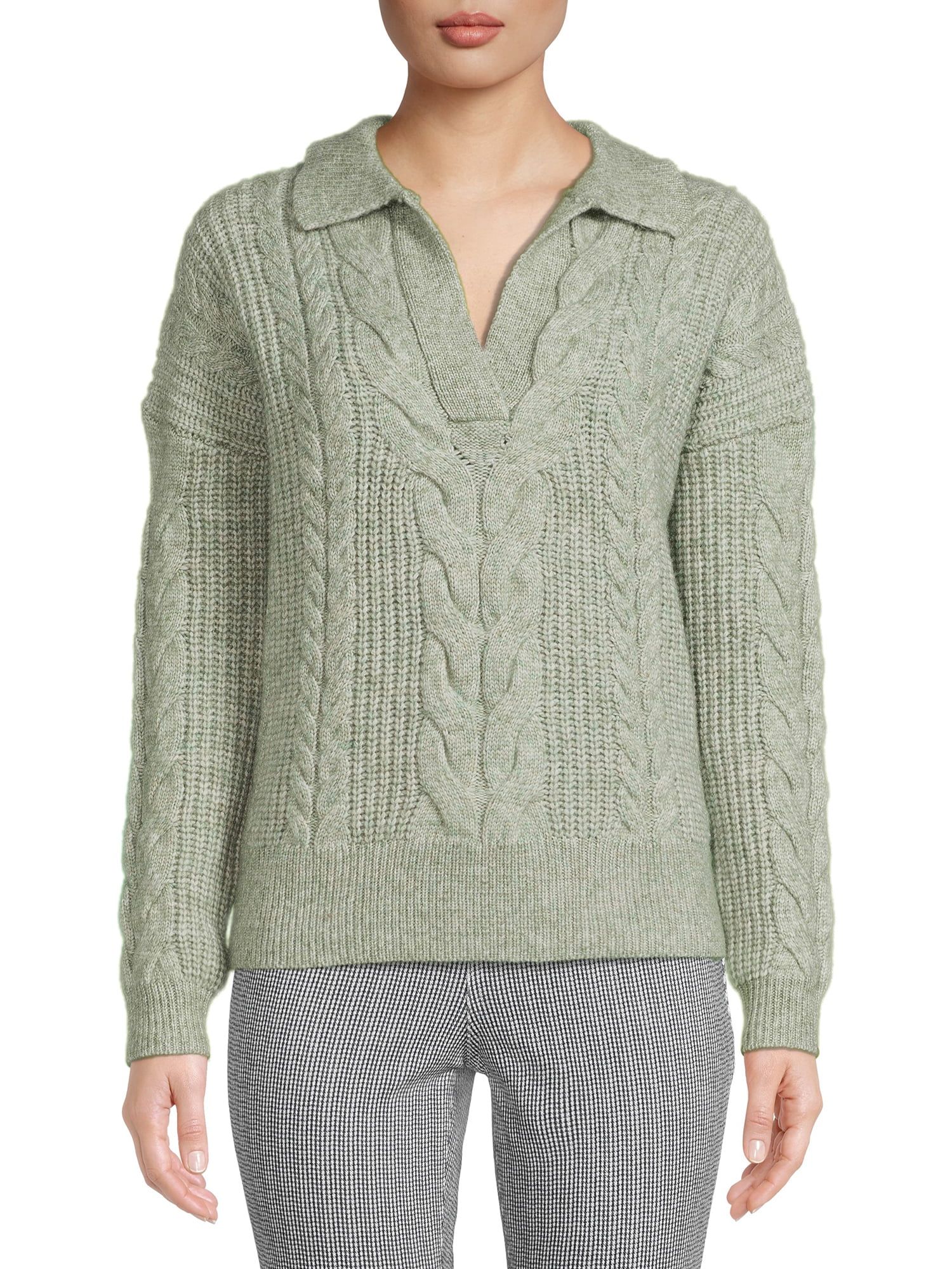 Time and Tru Women's Cable Stitch Polo Sweater | Walmart (US)