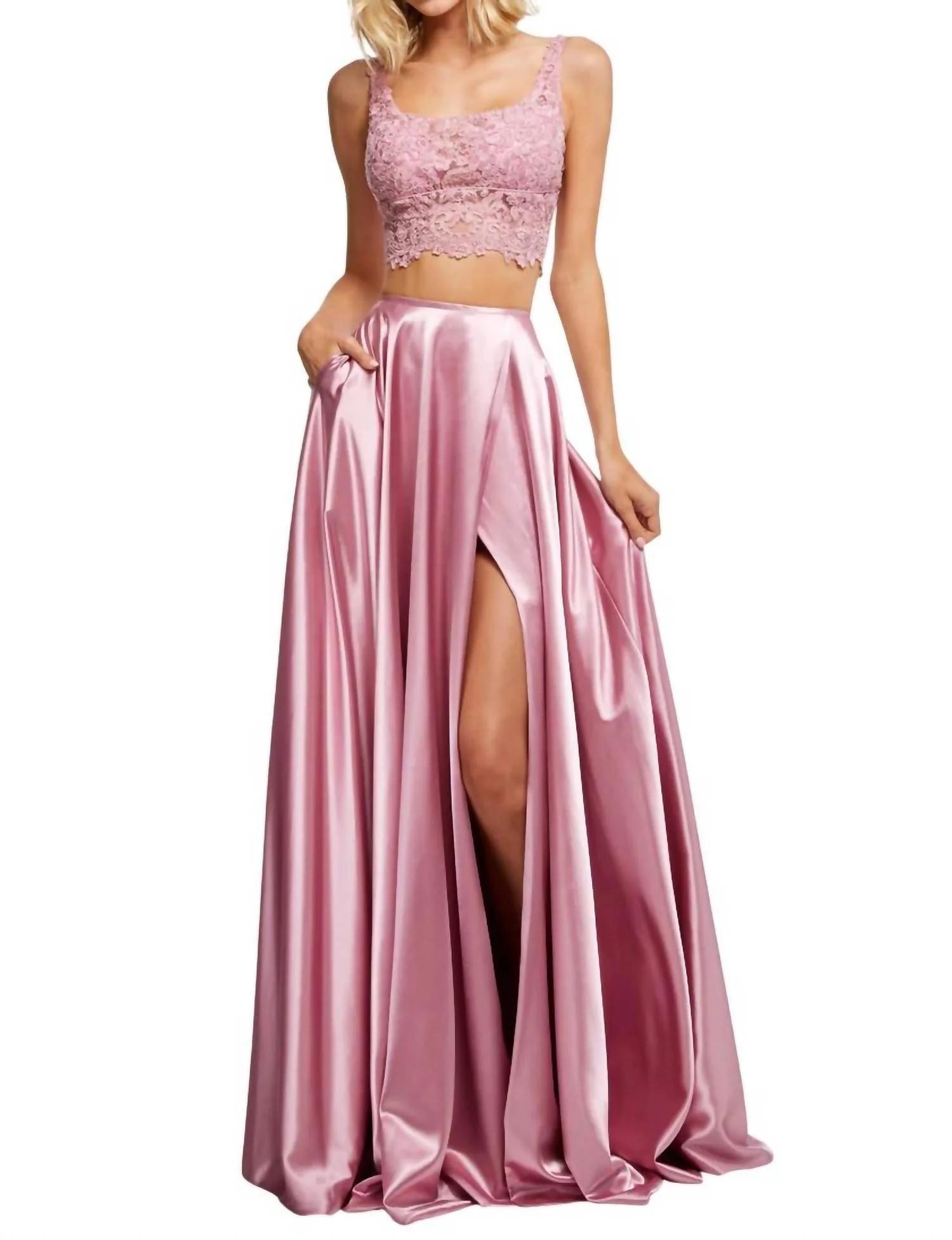 Two-Piece Silk Satin Casual Dress In Rose | Shop Simon